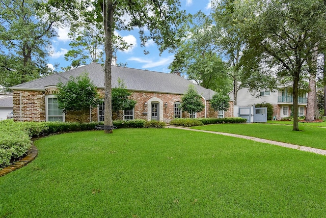 327 Cinnamon Oak Ln, Houston, TX 77079 - view of front of house with brick siding, a front yard, and roof with shingles