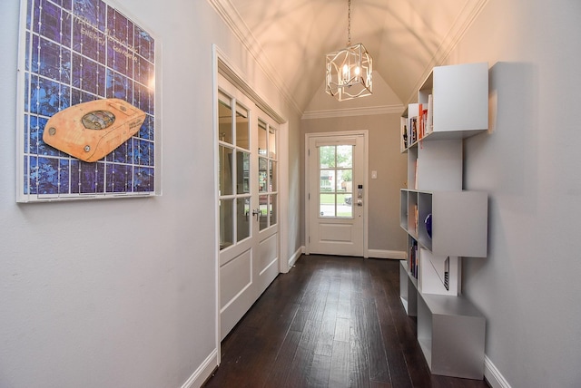 327 Cinnamon Oak Ln, Houston, TX 77079 - doorway featuring a chandelier, vaulted ceiling, crown molding, and dark wood-style flooring