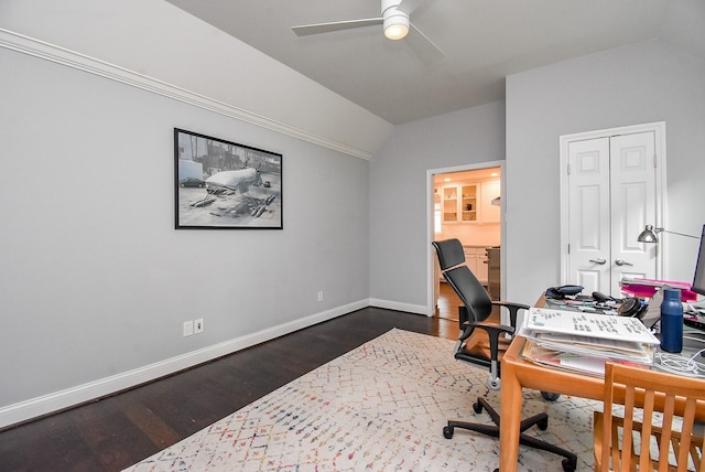 327 Cinnamon Oak Ln, Houston, TX 77079 - office area with vaulted ceiling, ceiling fan, and dark wood-style floors