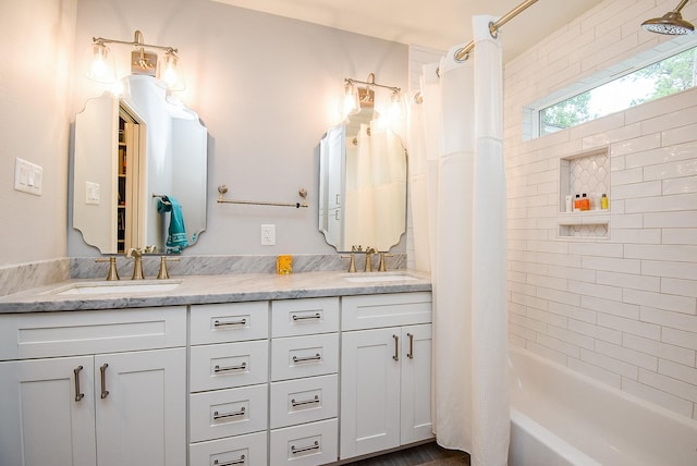 327 Cinnamon Oak Ln, Houston, TX 77079 - full bathroom featuring shower / bath combination with curtain and double vanity
