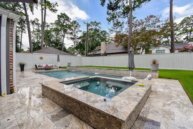 327 Cinnamon Oak Ln, Houston, TX 77079 - view of pool with a fenced backyard, a patio, and a pool with connected hot tub