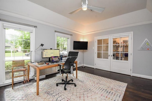 327 Cinnamon Oak Ln, Houston, TX 77079 - home office with french doors, dark wood-style flooring, a ceiling fan, a raised ceiling, and ornamental molding