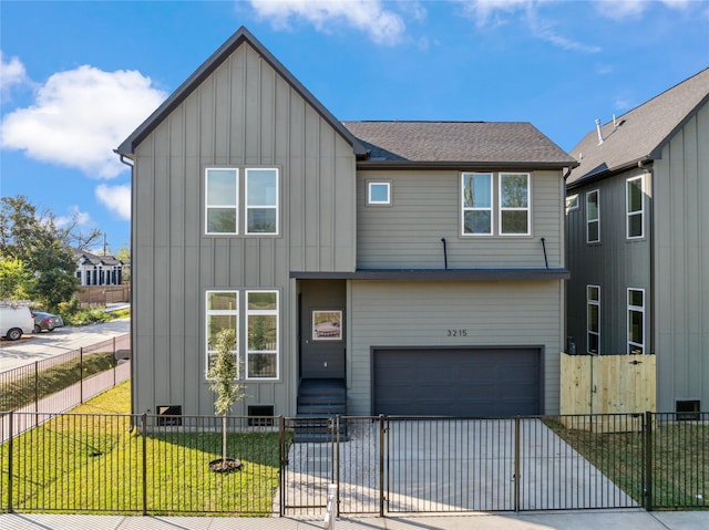 3219 Brewster St, Houston, TX 77026 - view of front of house featuring a fenced front yard, driveway, board and batten siding, an attached garage, and a shingled roof