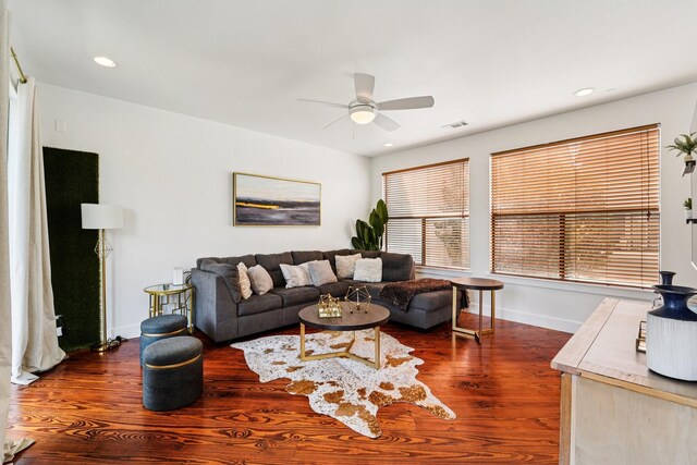 2209 Bastrop St, Houston, TX 77003 - living room with ceiling fan, dark wood-style flooring, and recessed lighting