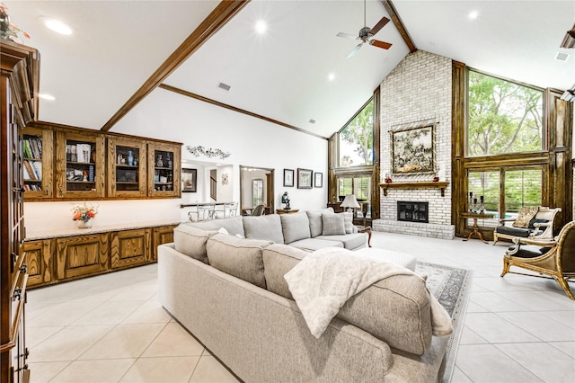 15817 Honolulu St, Jersey Village, TX 77040 - living room featuring light tile patterned floors, high vaulted ceiling, a ceiling fan, a fireplace, and beam ceiling