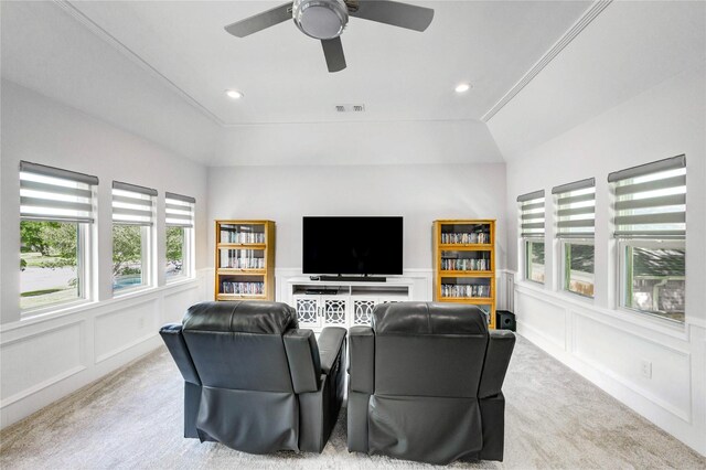 15817 Honolulu St, Jersey Village, TX 77040 - living room with carpet floors, a decorative wall, a ceiling fan, recessed lighting, and a wainscoted wall