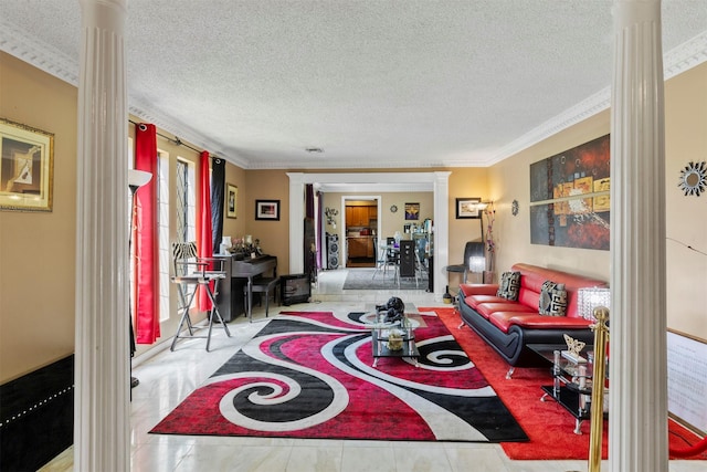 1526 Sweet Grass Trl, Houston, TX 77090 - tiled living area featuring ornate columns, a textured ceiling, and ornamental molding