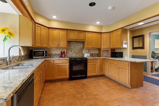 1526 Sweet Grass Trl, Houston, TX 77090 - kitchen featuring black electric range, dishwasher, stainless steel microwave, a peninsula, and decorative backsplash
