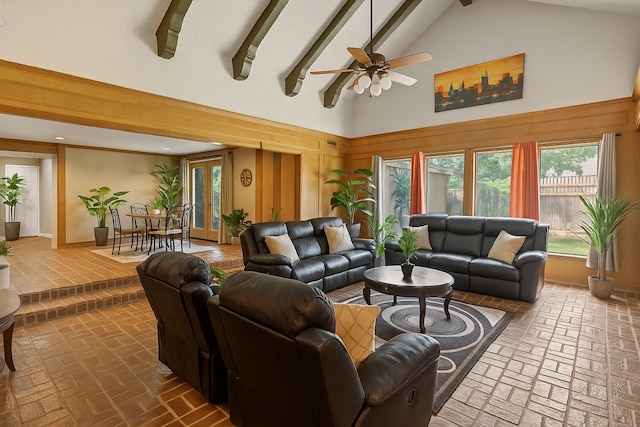 1526 Sweet Grass Trl, Houston, TX 77090 - living room with high vaulted ceiling, brick flooring, a ceiling fan, and beamed ceiling