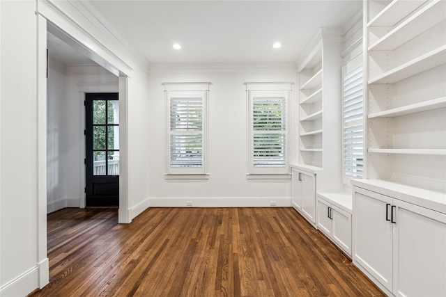 727 Tulane St, Houston, TX 77007 - mudroom with dark wood-type flooring, ornamental molding, and recessed lighting