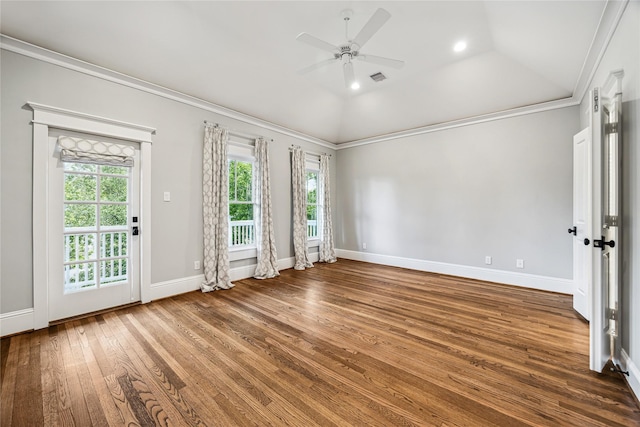 727 Tulane St, Houston, TX 77007 - unfurnished room featuring wood finished floors, a ceiling fan, ornamental molding, vaulted ceiling, and recessed lighting