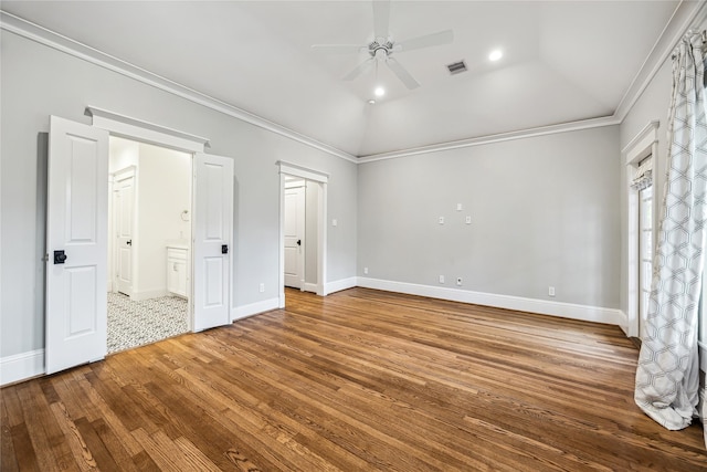 727 Tulane St, Houston, TX 77007 - unfurnished bedroom featuring vaulted ceiling, wood finished floors, ornamental molding, ensuite bath, and a ceiling fan
