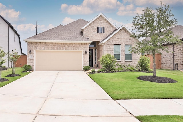 24526 Bluestar Blossom Trl, Katy, TX 77493 - view of front of house with brick siding, a front lawn, concrete driveway, an attached garage, and a shingled roof
