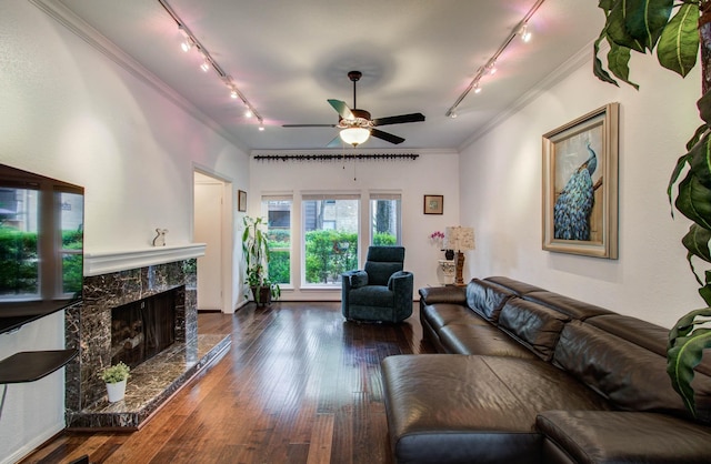 11711 Memorial Dr Unit 635, Houston, TX 77024 - living area with track lighting, ceiling fan, crown molding, dark wood finished floors, and a fireplace