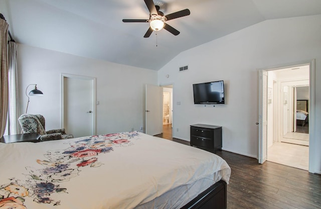 11711 Memorial Dr Unit 635, Houston, TX 77024 - bedroom featuring lofted ceiling, dark wood-style flooring, and ceiling fan