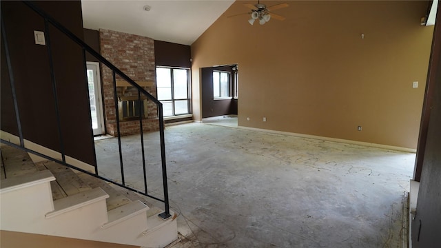 6303 Greenway Forest Ln, Houston, TX 77088 - unfurnished living room featuring stairway, high vaulted ceiling, and a ceiling fan