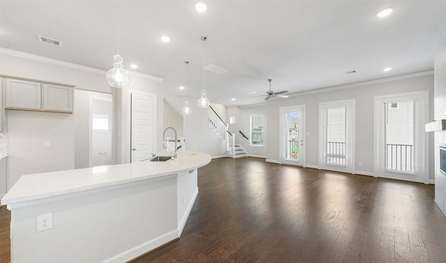 2016 Windsor Meadow Trce, Houston, TX 77051 - kitchen with ornamental molding, dark wood finished floors, recessed lighting, ceiling fan, and a glass covered fireplace