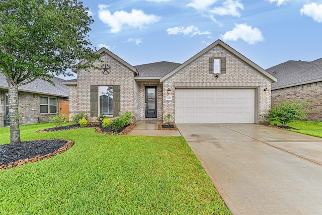 19911 Paros Island Dr, Hockley, TX 77447 - view of front of home featuring an attached garage, a front yard, driveway, brick siding, and a shingled roof