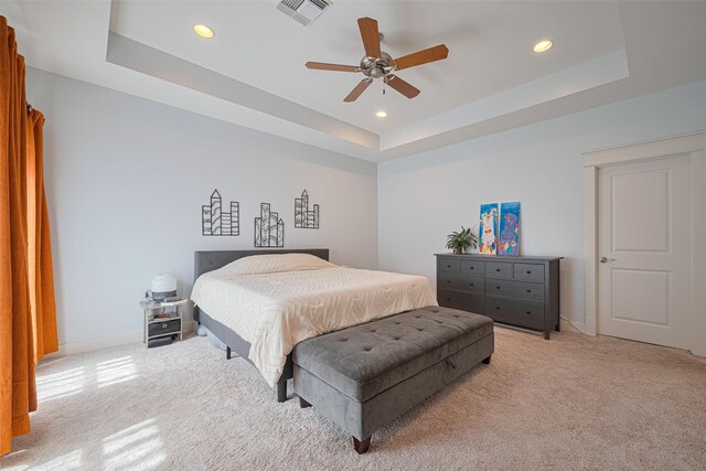 5307 Nett St Unit C, Houston, TX 77007 - bedroom with light colored carpet, a tray ceiling, recessed lighting, and ceiling fan