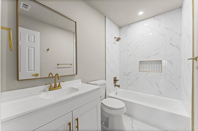 7347 Liberty Ridge Ln, Houston, TX 77049 - bathroom featuring vanity, marble finish floors, bathtub / shower combination, and recessed lighting