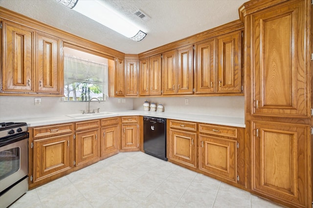 3006 Hartwick Rd, Houston, TX 77093 - kitchen with dishwasher, gas stove, brown cabinets, light countertops, and a textured ceiling