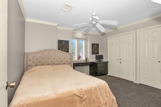 1907 Wagon Gap Trl, Houston, TX 77090 - bedroom with dark colored carpet, ornamental molding, a ceiling fan, and a closet