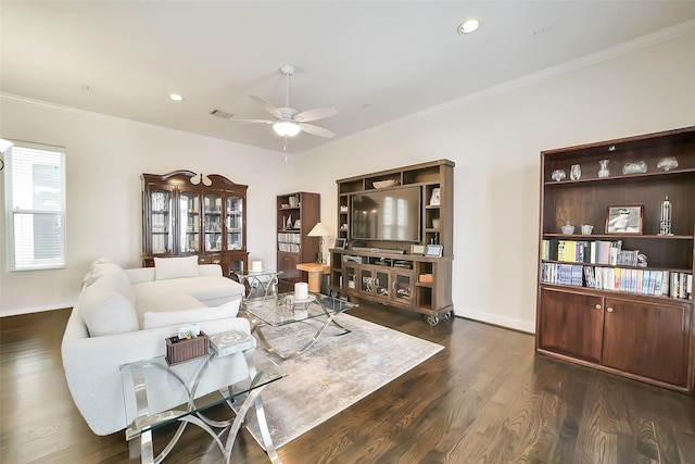 925 W 19th St Unit B, Houston, TX 77008 - living room featuring a ceiling fan, dark wood-style flooring, ornamental molding, and recessed lighting
