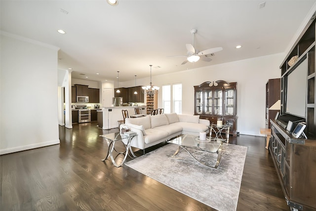 925 W 19th St Unit B, Houston, TX 77008 - living room featuring a ceiling fan, crown molding, recessed lighting, dark wood-type flooring, and a chandelier