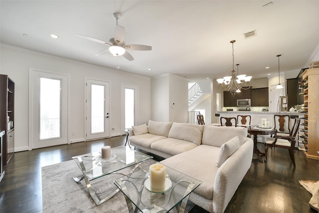 925 W 19th St Unit B, Houston, TX 77008 - living area with ceiling fan, dark wood-style floors, stairway, a chandelier, and ornamental molding