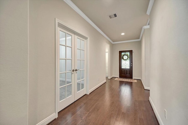 716 Saturnia Ln, League City, TX 77573 - foyer entrance with french doors, ornamental molding, dark wood-style flooring, and recessed lighting