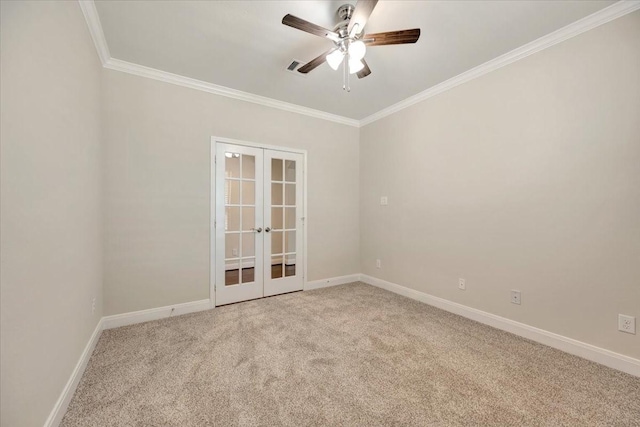 716 Saturnia Ln, League City, TX 77573 - spare room featuring french doors, crown molding, a ceiling fan, and light carpet