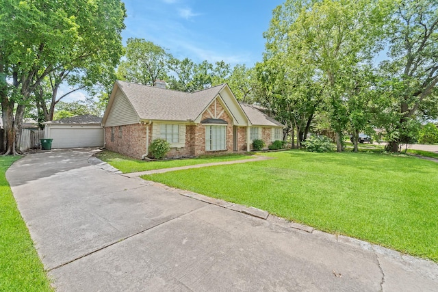 11826 Bandlon Dr, Houston, TX 77072 - view of front facade featuring brick siding, a front yard, a garage, roof with shingles, and a chimney