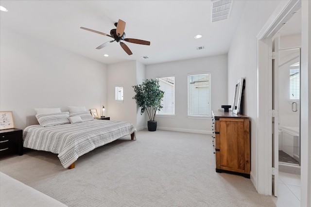 1211 Bonner St, Houston, TX 77007 - bedroom with light carpet, a ceiling fan, and recessed lighting