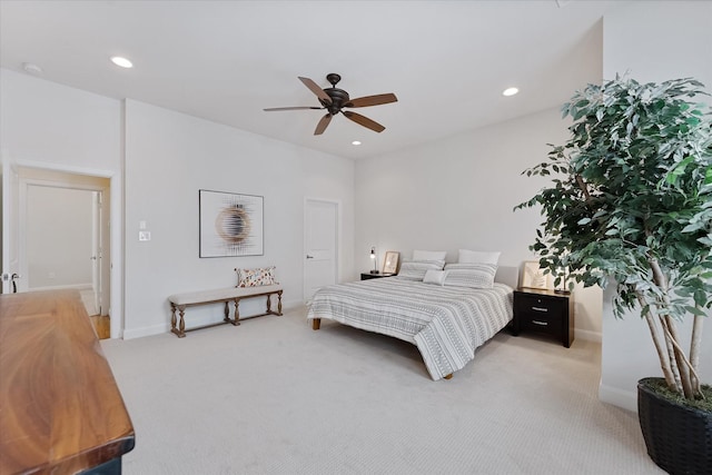 1211 Bonner St, Houston, TX 77007 - bedroom with light carpet, recessed lighting, and ceiling fan