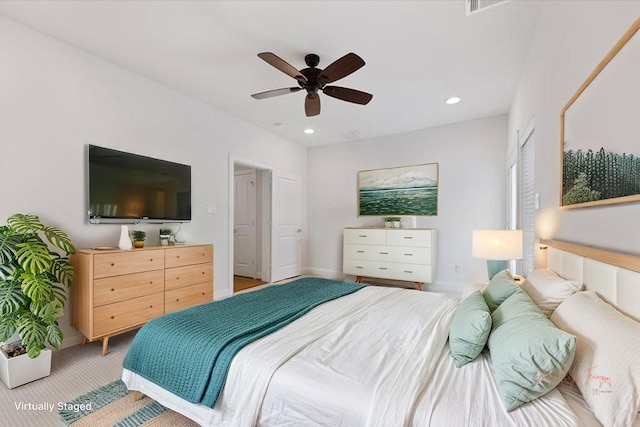 1211 Bonner St, Houston, TX 77007 - bedroom featuring recessed lighting, a ceiling fan, and light colored carpet