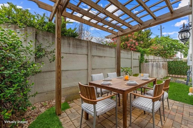 1211 Bonner St, Houston, TX 77007 - fenced backyard featuring outdoor dining area, a patio area, and a pergola
