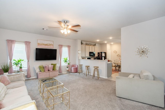 4430 Misty Woods Trl, Richmond, TX 77469 - living room featuring light carpet, ceiling fan, and recessed lighting