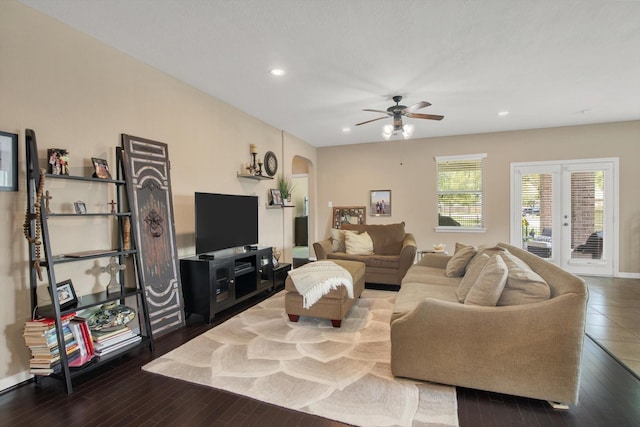3215 W Trail Dr, Pearland, TX 77584 - living room with a ceiling fan, recessed lighting, dark wood-style floors, and french doors