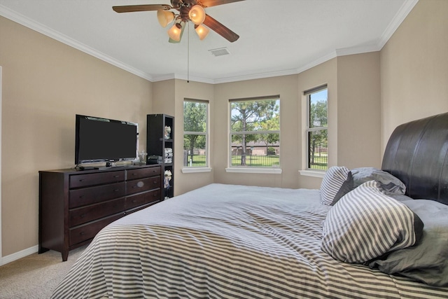3215 W Trail Dr, Pearland, TX 77584 - bedroom featuring carpet floors, ornamental molding, and a ceiling fan