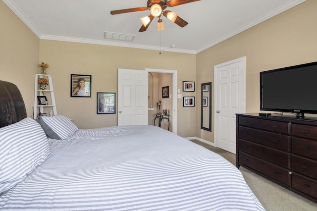 3215 W Trail Dr, Pearland, TX 77584 - carpeted bedroom with crown molding and ceiling fan
