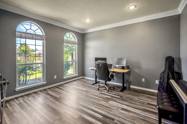 9227 Forest Creek Dr, Tomball, TX 77375 - office space with wood finished floors, a textured ceiling, ornamental molding, and recessed lighting