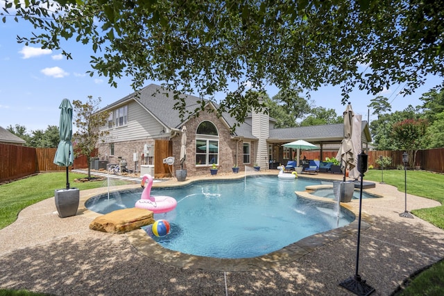 9227 Forest Creek Dr, Tomball, TX 77375 - view of pool with a fenced backyard, a patio, a pool with connected hot tub, and an outdoor living space