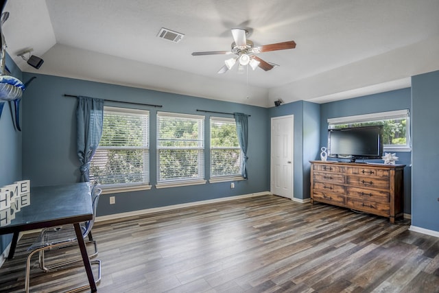 9227 Forest Creek Dr, Tomball, TX 77375 - office space featuring plenty of natural light, wood finished floors, ceiling fan, and lofted ceiling
