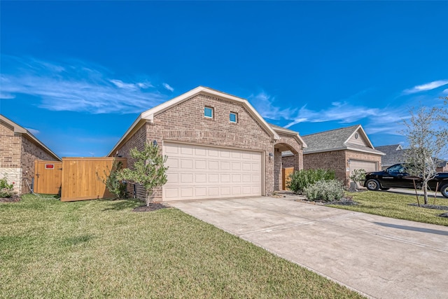 1452 Sundown Glen Ln, Katy, TX 77493 - ranch-style home featuring brick siding, a front lawn, driveway, and a shingled roof