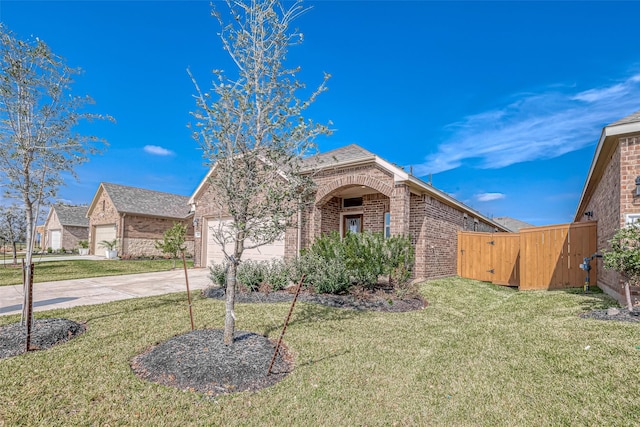 1452 Sundown Glen Ln, Katy, TX 77493 - view of front of home with brick siding, concrete driveway, a front lawn, a garage, and a shingled roof