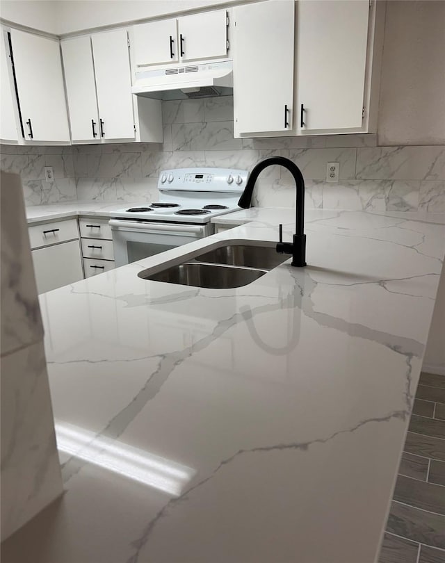 12922 Wirevine Ln, Houston, TX 77072 - kitchen with under cabinet range hood, white electric range, light stone counters, and white cabinetry