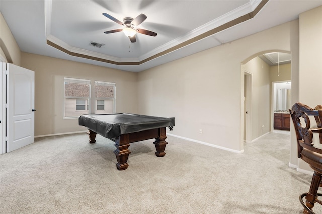 4314 Walden Terrace Ln, Humble, TX 77396 - game room with a tray ceiling, a ceiling fan, ornamental molding, carpet floors, and attic access