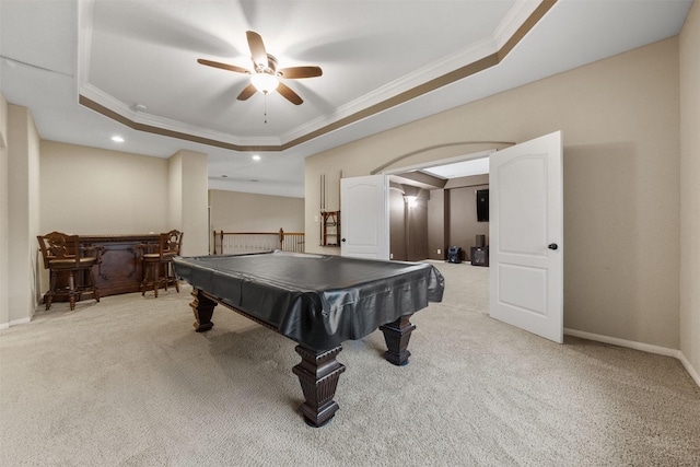4314 Walden Terrace Ln, Humble, TX 77396 - game room with a raised ceiling, ornamental molding, light colored carpet, a ceiling fan, and recessed lighting