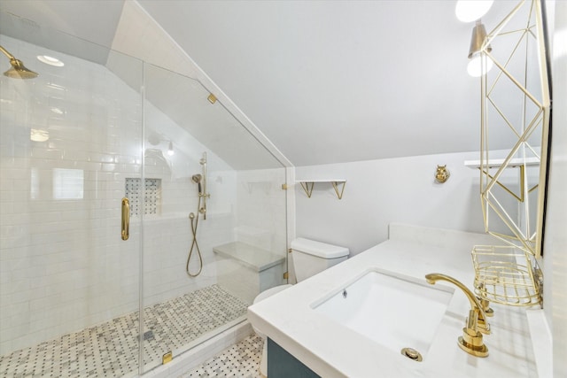 308 W 33rd St, Houston, TX 77018 - bathroom featuring vaulted ceiling, a shower stall, and vanity
