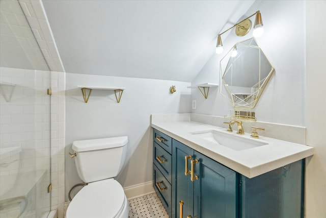 308 W 33rd St, Houston, TX 77018 - bathroom with vanity, lofted ceiling, and a stall shower